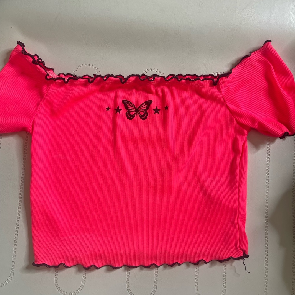 Pink Off-Shoulder Top with Butterfly Design